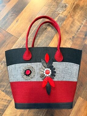 Red & Gray Stripe Tote Bag with Floral Accent- African Kiondo Tote.